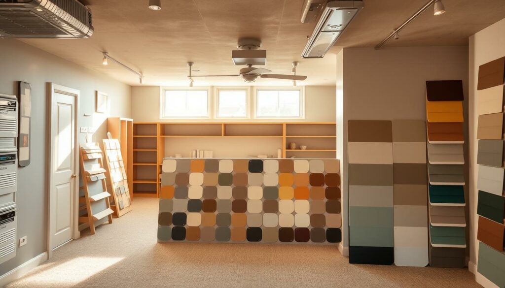 A well-lit basement interior with a wide selection of paint color samples displayed on the walls. Warm, neutral tones in the foreground, ranging from soft grays to earthy browns, with a few pops of accent colors like muted blues and greens. Shelves and storage units line the background, creating a sense of organization and practicality. Natural light filters in through large windows, casting a gentle glow over the space. The overall atmosphere is calm, inviting, and conducive to the task of choosing the perfect color for a basement renovation.