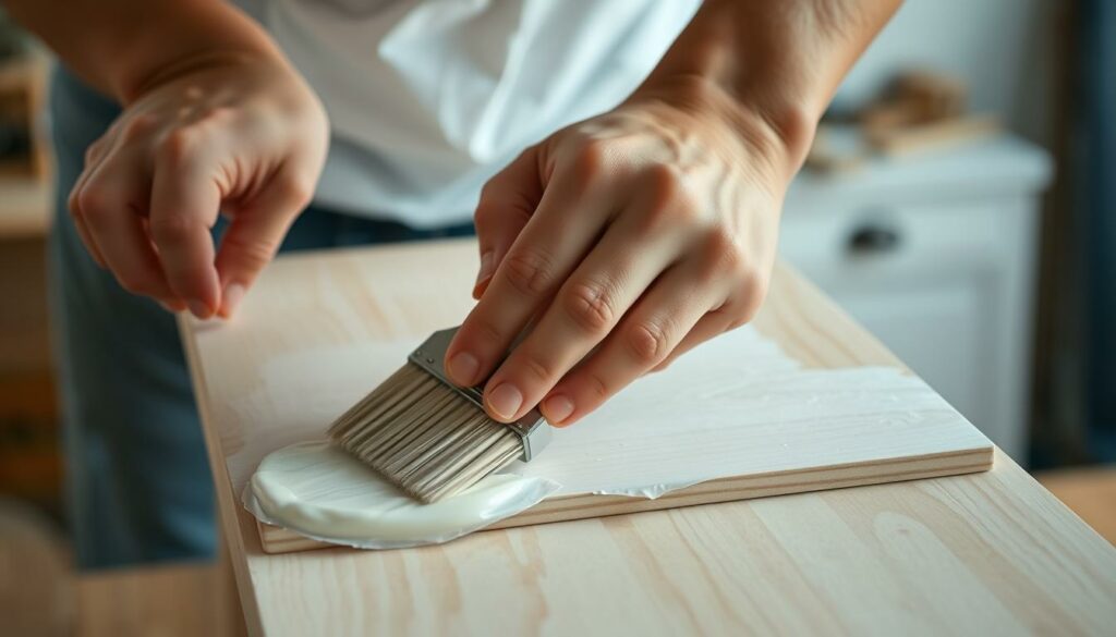 A well-lit, close-up shot of a person's hands carefully applying a smooth, even layer of white primer paint to a wooden surface. The background is blurred, but suggests a clean, organized work environment, perhaps a workshop or home studio. The hands move with precision, the brush strokes fluid and controlled, revealing the technical skill of the painter. A sense of focus and care pervades the scene, hinting at the importance of proper surface preparation for a successful painting project. The lighting is soft and diffused, creating gentle shadows that accentuate the texture of the wood and the brush's bristles. Overall, the image conveys the diligence and attention to detail required for the priming stage of a painting job.