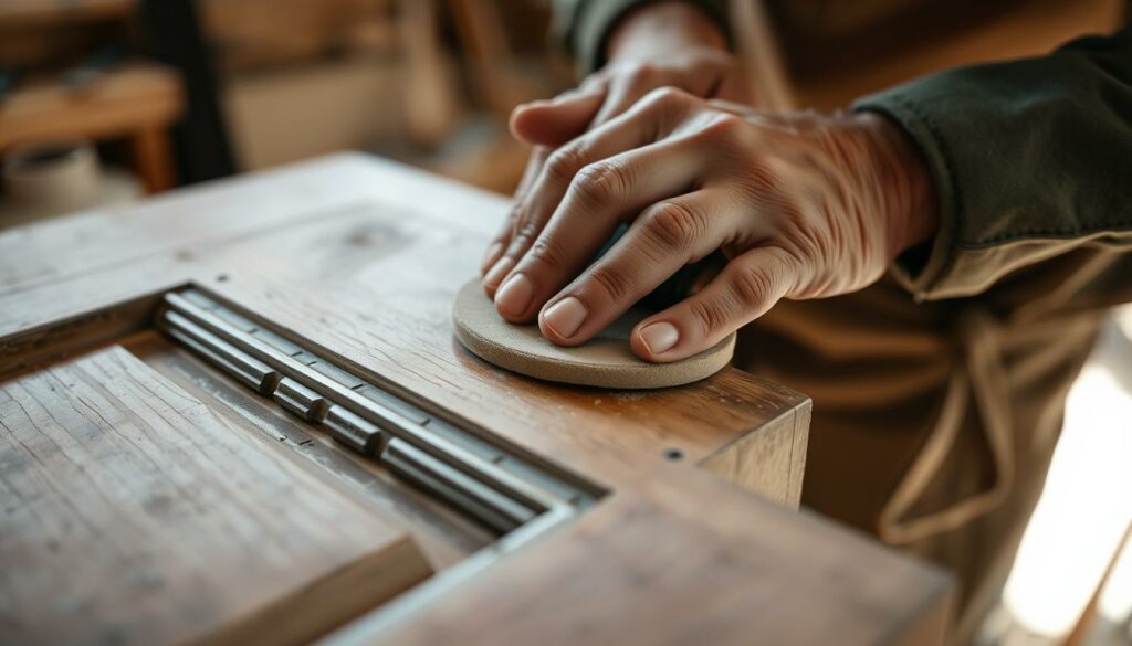 A well-lit, close-up shot of an experienced carpenter's hands carefully sanding and maintaining an antique wooden door. The focus is on the intricate details of the door's surface, with the worn texture and grain visible. The background is slightly blurred, suggesting a workshop or studio setting. The lighting is warm and natural, highlighting the craftsmanship and care taken in this task. The overall mood is one of quiet concentration and reverence for the restoration process.