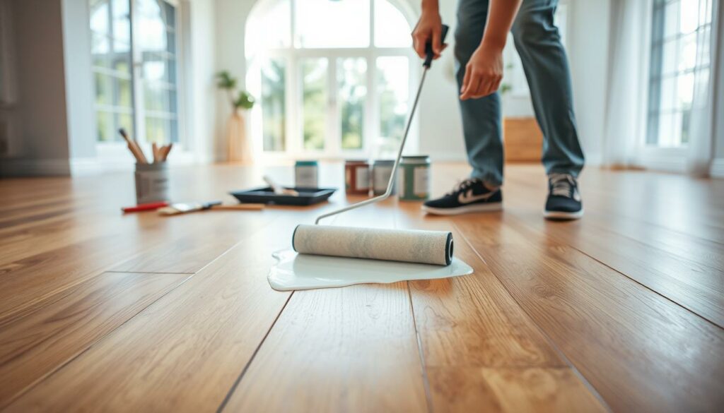 A well-lit, detailed step-by-step guide to painting laminate flooring. A wooden floor in the foreground shows a person carefully applying a layer of paint with a roller, creating an even, glossy finish. In the middle ground, a selection of painting tools - brushes, trays, and paint cans - are neatly arranged. The background depicts a spacious, modern interior with natural lighting streaming in through large windows, setting a welcoming, tranquil atmosphere. The scene conveys a sense of focused, methodical work with a satisfying end result.