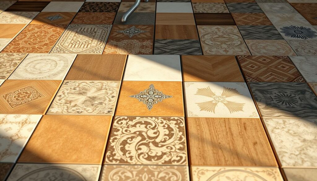A well-lit, high-resolution close-up photograph of a variety of square ceramic floor tiles, or "Bodenfliesen" in German. The tiles are arranged in a grid pattern, showcasing their diverse textures, colors, and finishes. The tiles range from classic subway tiles to intricate, patterned designs, capturing the wide array of options available for flooring. The image is captured from a low angle, emphasizing the tiles' dimensions and highlighting their suitability for a home interior setting. The lighting is warm and natural, creating a welcoming and inviting atmosphere that complements the subject matter.