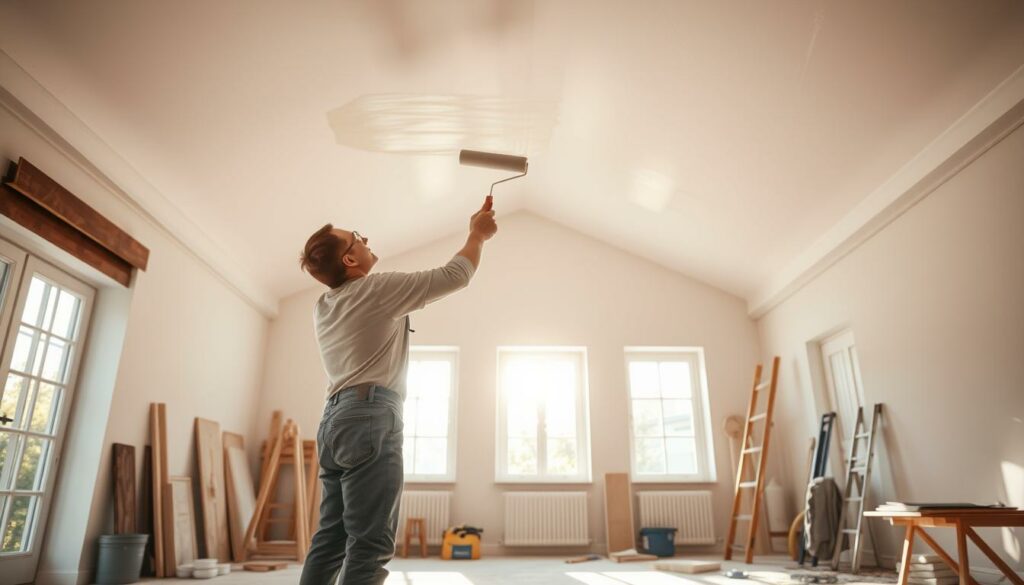 A well-lit, spacious interior with a high, vaulted ceiling. A professional painter stands at the center, meticulously rolling paint onto the ceiling with smooth, efficient strokes. Warm natural light filters in through large windows, casting a soft glow on the scene. The painter's movements are precise and economical, demonstrating a mastery of technique. In the background, a neatly organized array of painting supplies and tools suggests a methodical, organized approach. The atmosphere conveys a sense of calm focus and productivity, capturing the essence of "effizientes Streichen" - the effective, efficient techniques of painting.