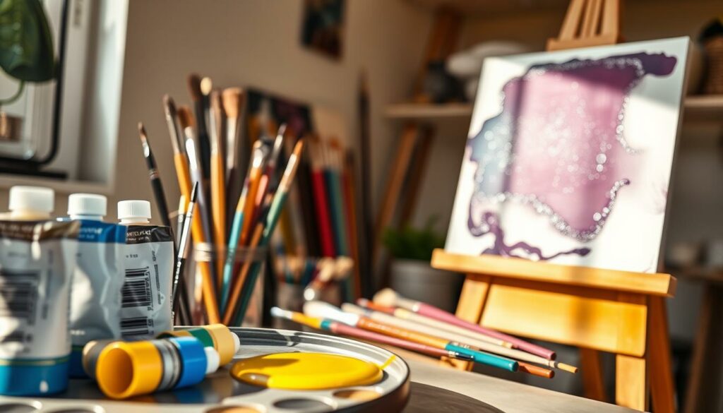A well-lit studio scene depicting a variety of acrylic paint tubes, brushes, and a partially completed painting on an easel. The foreground features several open paint tubes in vibrant colors, with a small pool of paint on a palette. In the middle ground, several artist's brushes of various sizes and shapes are arranged neatly. The background showcases an unfinished acrylic painting on an easel, the canvas still wet and glistening, capturing the essence of the "Acryl Trocknungszeit" or the drying time of acrylic paint. The lighting is warm and natural, creating a cozy, creative atmosphere. The overall composition emphasizes the importance of understanding the drying time of acrylic paint when applying it.