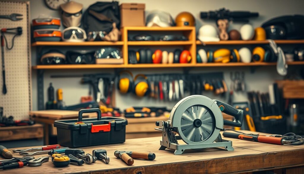 A well-lit workshop interior, showcasing a variety of power tools and safety equipment. In the foreground, a sturdy workbench with various hand tools, including pliers, wrenches, and a toolbox. On the middle ground, a sleek electric saw rests on the bench, its blade gleaming under the warm studio lighting. In the background, shelves display a collection of protective goggles, earmuffs, and dust masks, emphasizing the importance of safety precautions when operating power tools. The overall scene conveys a sense of order, organization, and a commitment to responsible tool usage.