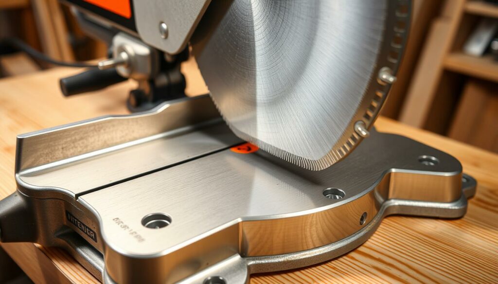 Detailed close-up of a precision miter saw, its brushed metal body gleaming under bright studio lighting. The blade is sharply focused, teeth precisely honed, ready to make perfectly angled cuts on delicate molding or trim. The saw's miter gauge is carefully adjusted, ensuring the workpiece is aligned for accurate, splinter-free results. The scene conveys a sense of craftsmanship, with the saw positioned on a clean, wood-grained workbench, ready for a skilled woodworker to use it for meticulous trim and finishing work.